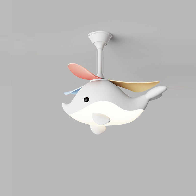 Contemporary Scandinavian Ceiling Fan with Cartoon Whale-Plane Design, Iron Frame, Acrylic Shade, ABS Blades, LED Light, Downrod – Ideal Bedroom Fixture