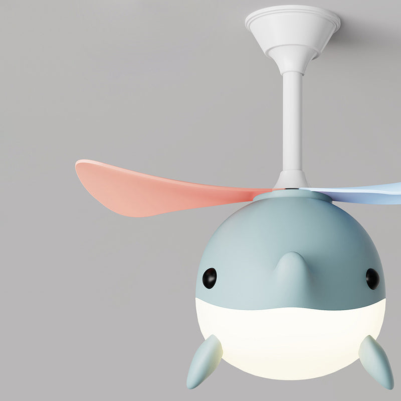 Contemporary Scandinavian Ceiling Fan with Cartoon Whale-Plane Design, Iron Frame, Acrylic Shade, ABS Blades, LED Light, Downrod – Ideal Bedroom Fixture