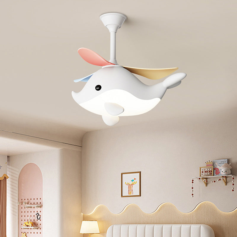 Contemporary Scandinavian Ceiling Fan with Cartoon Whale-Plane Design, Iron Frame, Acrylic Shade, ABS Blades, LED Light, Downrod – Ideal Bedroom Fixture