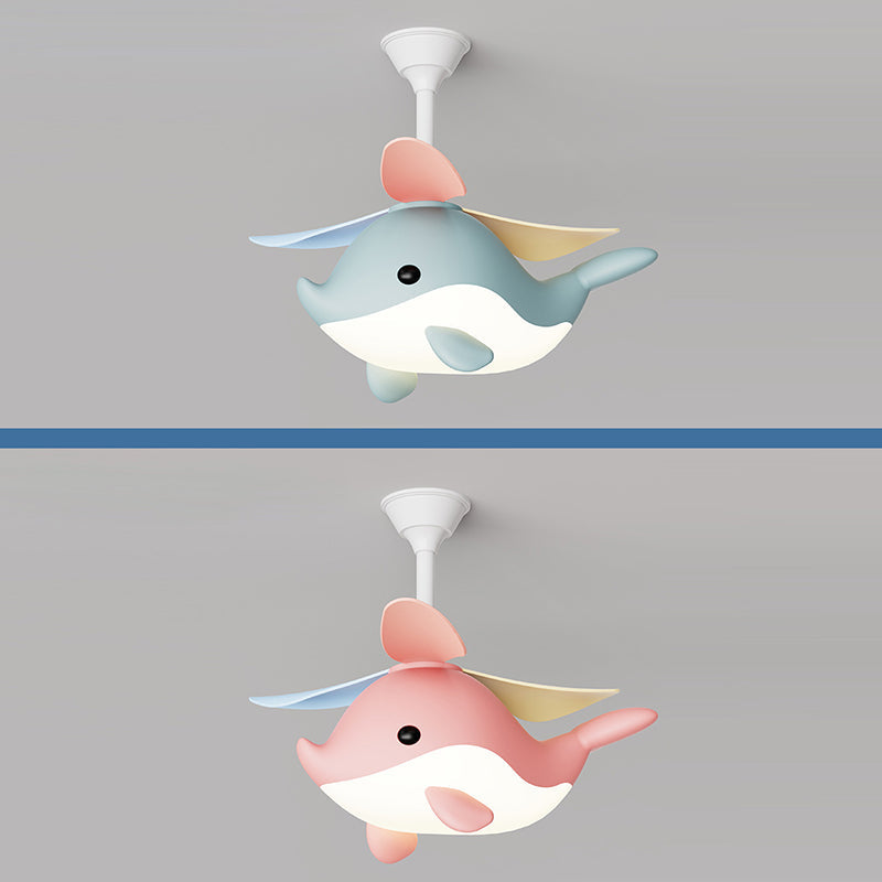 Contemporary Scandinavian Ceiling Fan with Cartoon Whale-Plane Design, Iron Frame, Acrylic Shade, ABS Blades, LED Light, Downrod – Ideal Bedroom Fixture