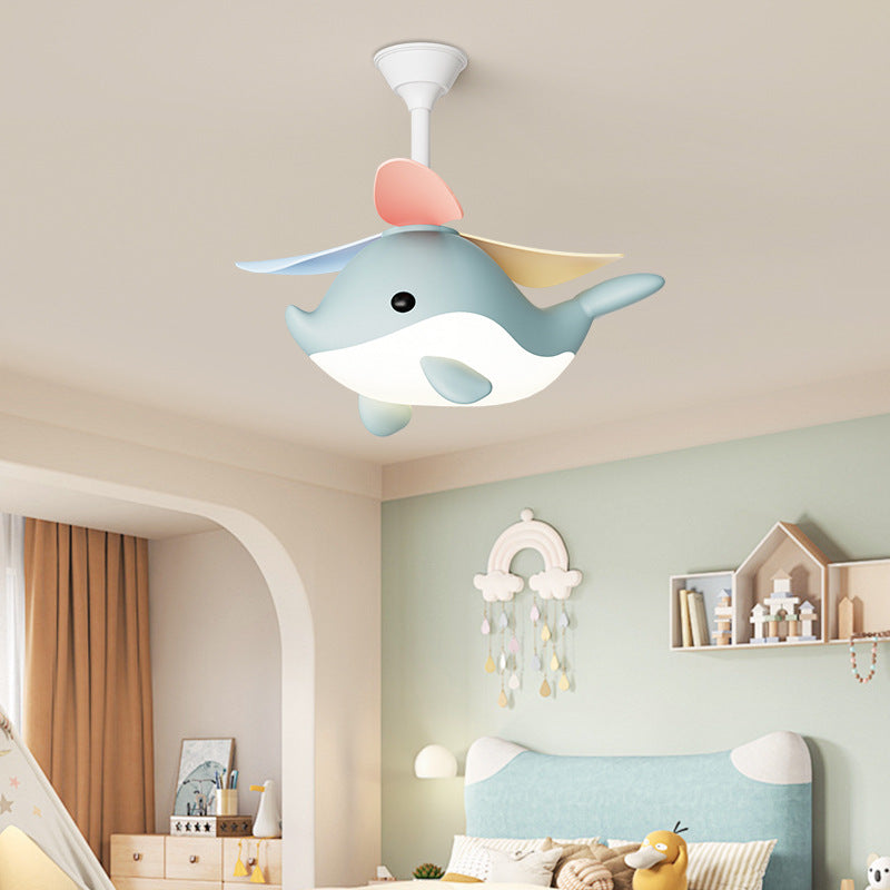 Contemporary Scandinavian Ceiling Fan with Cartoon Whale-Plane Design, Iron Frame, Acrylic Shade, ABS Blades, LED Light, Downrod – Ideal Bedroom Fixture