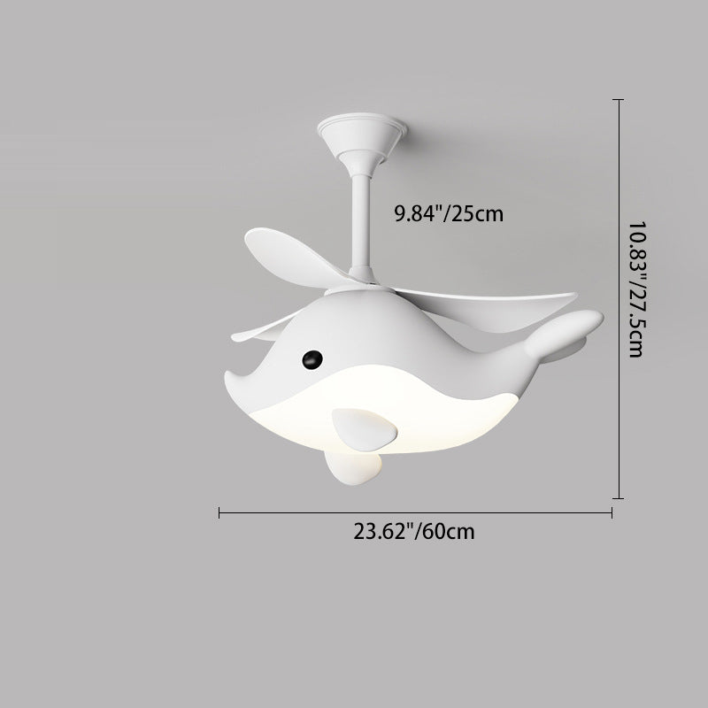 Contemporary Scandinavian Ceiling Fan with Cartoon Whale-Plane Design, Iron Frame, Acrylic Shade, ABS Blades, LED Light, Downrod – Ideal Bedroom Fixture