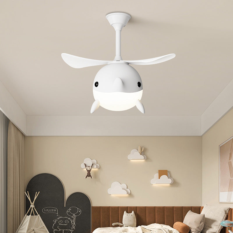 Contemporary Scandinavian Ceiling Fan with Cartoon Whale-Plane Design, Iron Frame, Acrylic Shade, ABS Blades, LED Light, Downrod – Ideal Bedroom Fixture