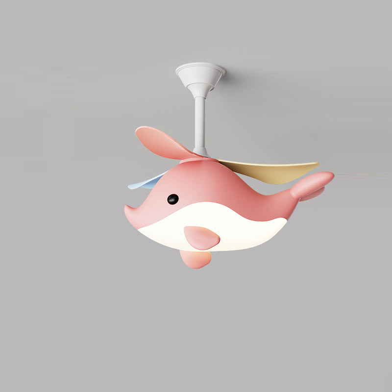 Contemporary Scandinavian Ceiling Fan with Cartoon Whale-Plane Design, Iron Frame, Acrylic Shade, ABS Blades, LED Light, Downrod – Ideal Bedroom Fixture