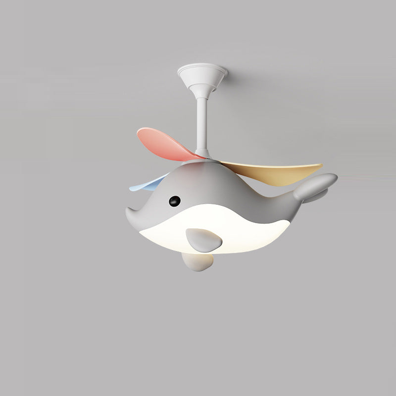 Contemporary Scandinavian Ceiling Fan with Cartoon Whale-Plane Design, Iron Frame, Acrylic Shade, ABS Blades, LED Light, Downrod – Ideal Bedroom Fixture