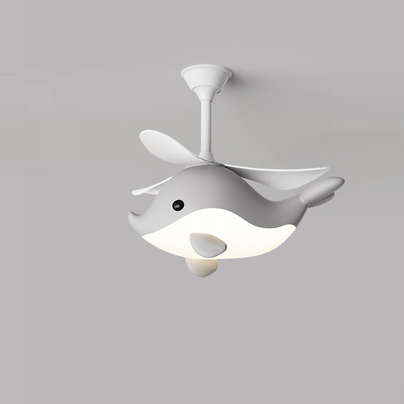 Contemporary Scandinavian Ceiling Fan with Cartoon Whale-Plane Design, Iron Frame, Acrylic Shade, ABS Blades, LED Light, Downrod – Ideal Bedroom Fixture