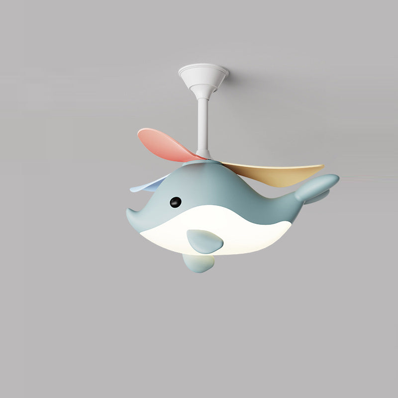 Contemporary Scandinavian Ceiling Fan with Cartoon Whale-Plane Design, Iron Frame, Acrylic Shade, ABS Blades, LED Light, Downrod – Ideal Bedroom Fixture