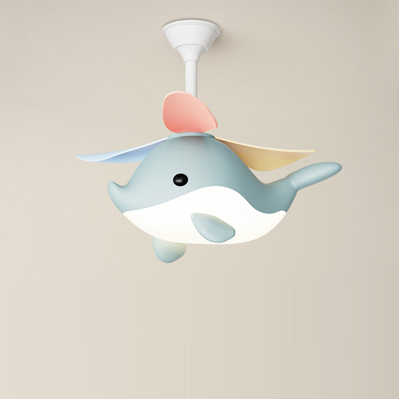Contemporary Scandinavian Ceiling Fan with Cartoon Whale-Plane Design, Iron Frame, Acrylic Shade, ABS Blades, LED Light, Downrod – Ideal Bedroom Fixture