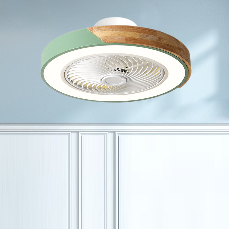 Contemporary Scandinavian Round Iron & Solid Wood LED Ceiling Fan Light - Silent Semi-Flush Mount for Bedroom