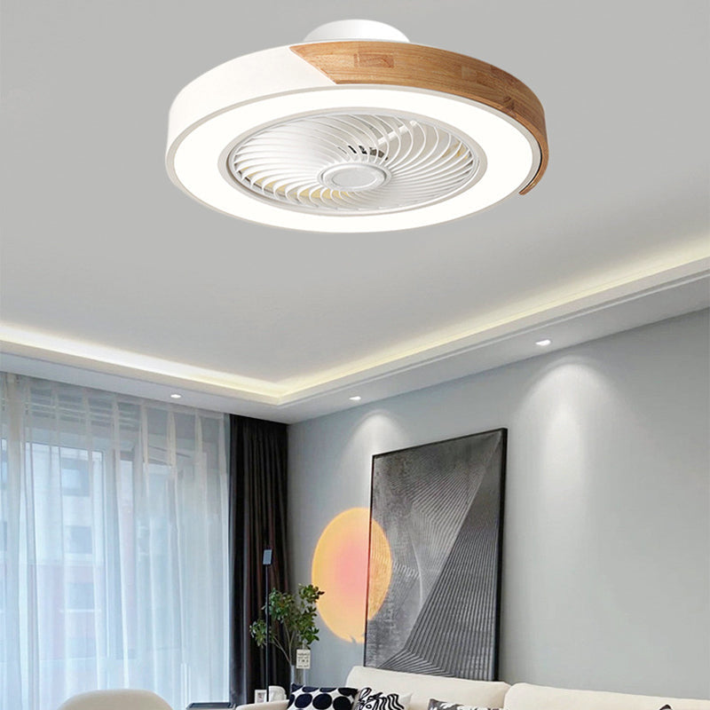 Contemporary Scandinavian Round Iron & Solid Wood LED Ceiling Fan Light - Silent Semi-Flush Mount for Bedroom