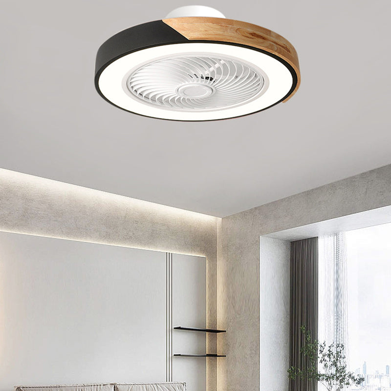 Contemporary Scandinavian Round Iron & Solid Wood LED Ceiling Fan Light - Silent Semi-Flush Mount for Bedroom