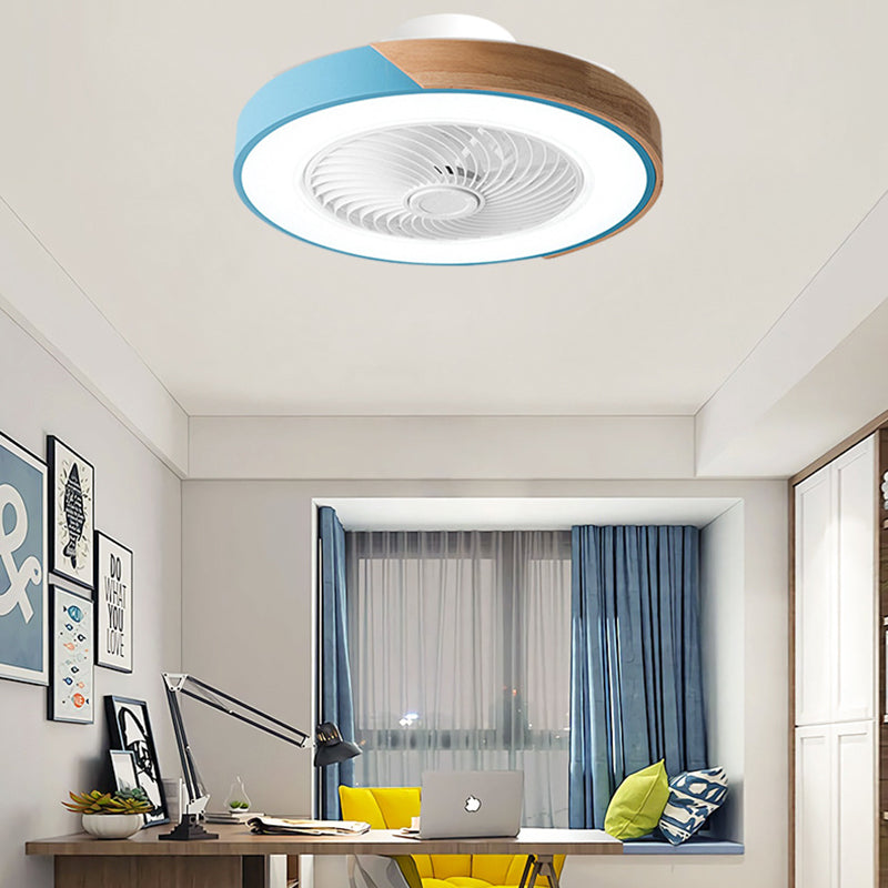 Contemporary Scandinavian Round Iron & Solid Wood LED Ceiling Fan Light - Silent Semi-Flush Mount for Bedroom