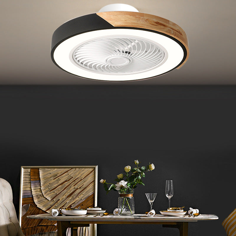 Contemporary Scandinavian Round Iron & Solid Wood LED Ceiling Fan Light - Silent Semi-Flush Mount for Bedroom