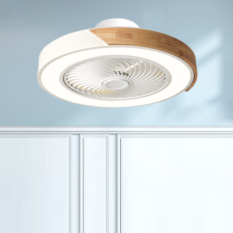 Contemporary Scandinavian Round Iron & Solid Wood LED Ceiling Fan Light - Silent Semi-Flush Mount for Bedroom