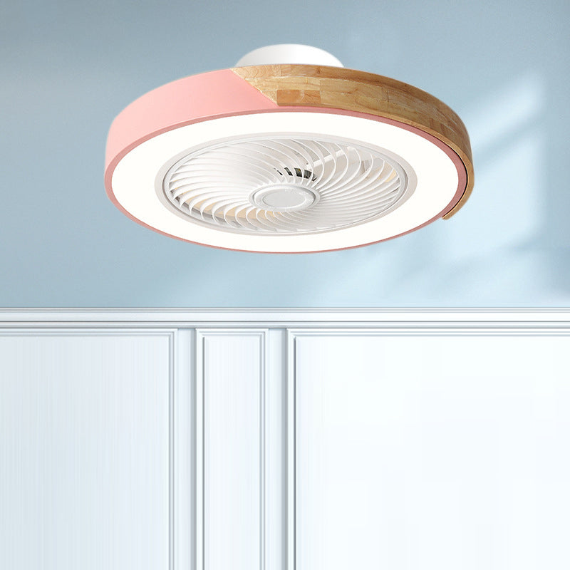 Contemporary Scandinavian Round Iron & Solid Wood LED Ceiling Fan Light - Silent Semi-Flush Mount for Bedroom
