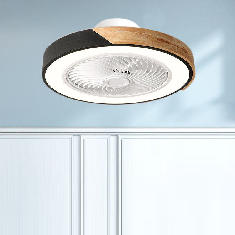 Contemporary Scandinavian Round Iron & Solid Wood LED Ceiling Fan Light - Silent Semi-Flush Mount for Bedroom