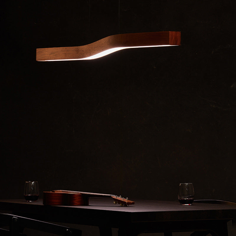 Sleek Modern Minimalist Rectangular Linear Wood-Grain Iron LED Chandelier for Dining Room