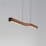 Sleek Modern Minimalist Rectangular Linear Wood-Grain Iron LED Chandelier for Dining Room