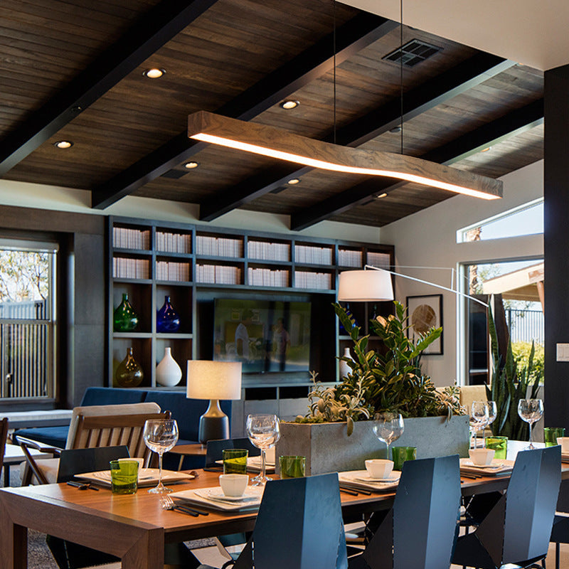 Sleek Modern Minimalist Rectangular Linear Wood-Grain Iron LED Chandelier for Dining Room