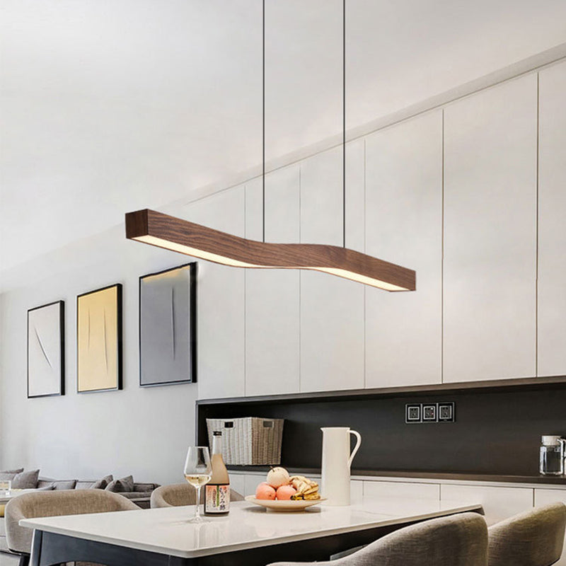 Sleek Modern Minimalist Rectangular Linear Wood-Grain Iron LED Chandelier for Dining Room