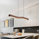 Sleek Modern Minimalist Rectangular Linear Wood-Grain Iron LED Chandelier for Dining Room