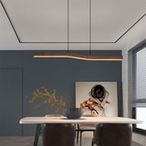 Sleek Modern Minimalist Rectangular Linear Wood-Grain Iron LED Chandelier for Dining Room