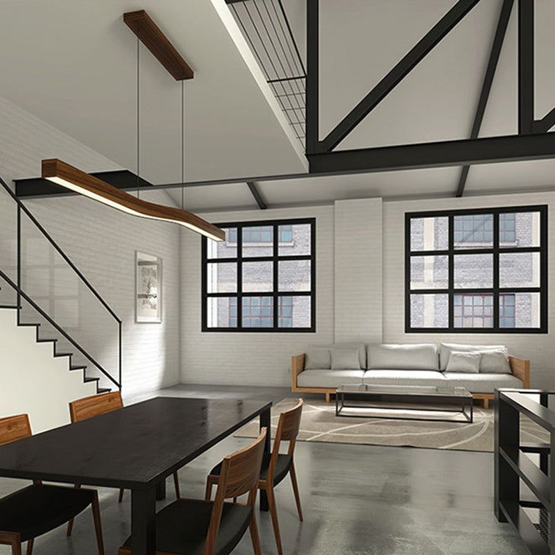 Sleek Modern Minimalist Rectangular Linear Wood-Grain Iron LED Chandelier for Dining Room