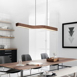 Sleek Modern Minimalist Rectangular Linear Wood-Grain Iron LED Chandelier for Dining Room