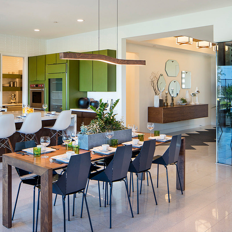 Sleek Modern Minimalist Rectangular Linear Wood-Grain Iron LED Chandelier for Dining Room