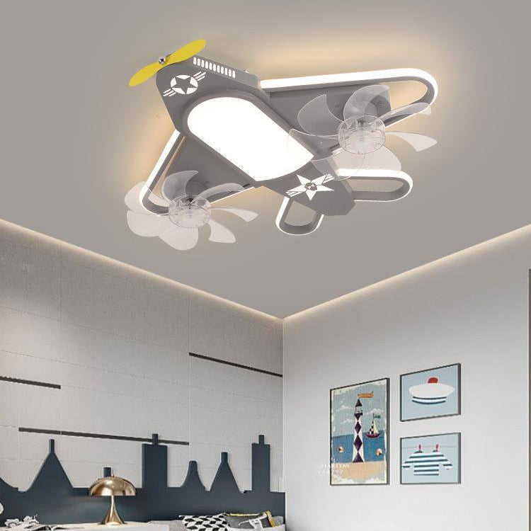 Airplane-Inspired Contemporary LED Flush Mount Ceiling Fan Light with Iron & Acrylic Finish for Bedroom
