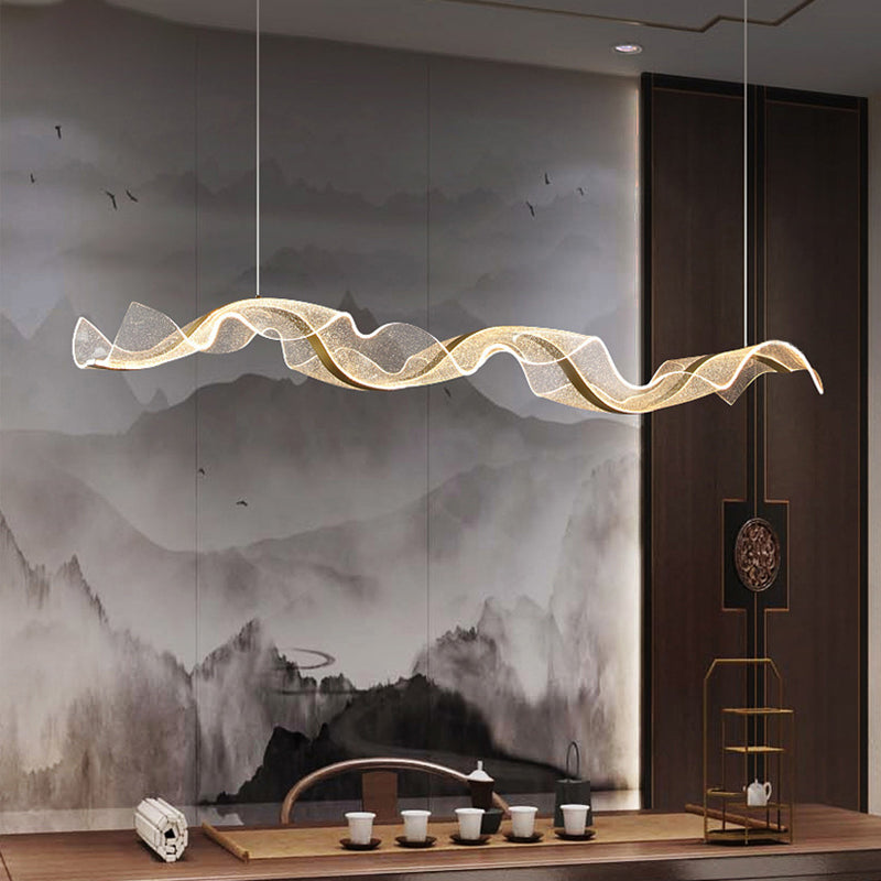 Modern Minimalist Wave-Bend LED Chandelier in Acrylic & Aluminum – Island Light for Living Room