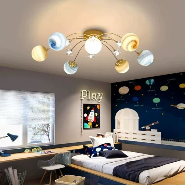 Contemporary Nordic Kids' Iron & Glass Globe Ceiling Light, 13-Light Semi-Flush Mount for Bedroom
