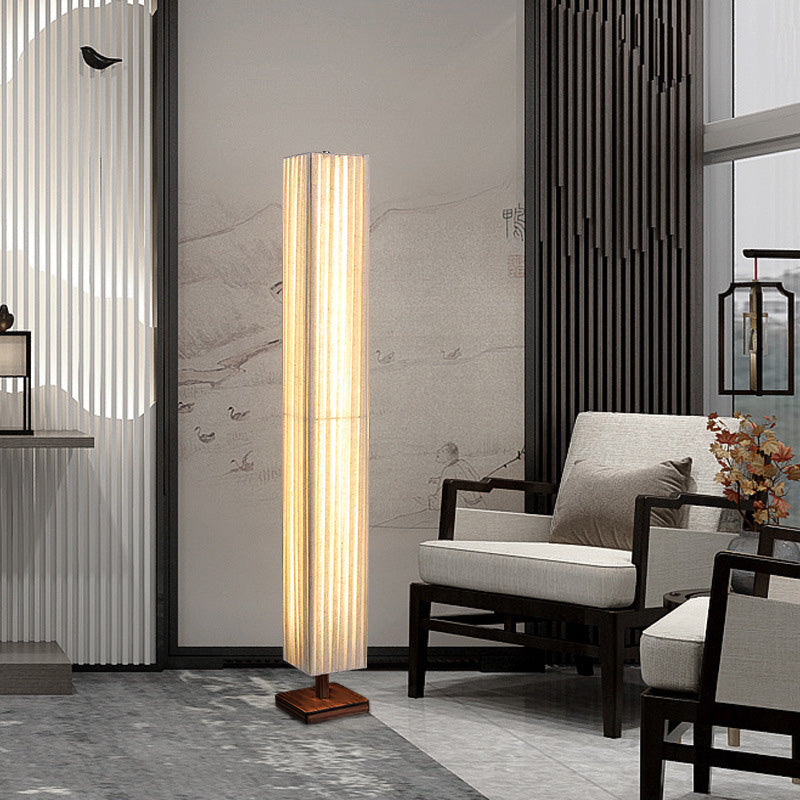 Traditional Japanese-Style Walnut Wood Floor Lamp with Rectangular Column and Fabric Shade — LED Living Room Standing Lamp