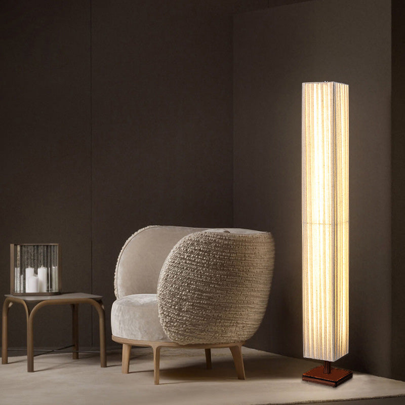 Traditional Japanese-Style Walnut Wood Floor Lamp with Rectangular Column and Fabric Shade — LED Living Room Standing Lamp