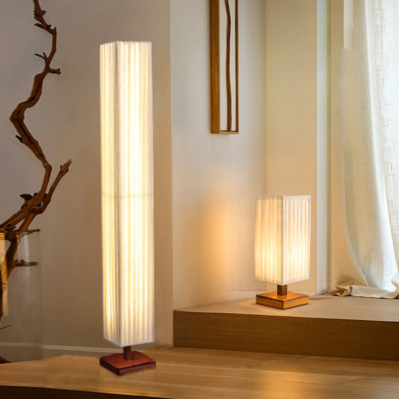 Traditional Japanese-Style Walnut Wood Floor Lamp with Rectangular Column and Fabric Shade — LED Living Room Standing Lamp