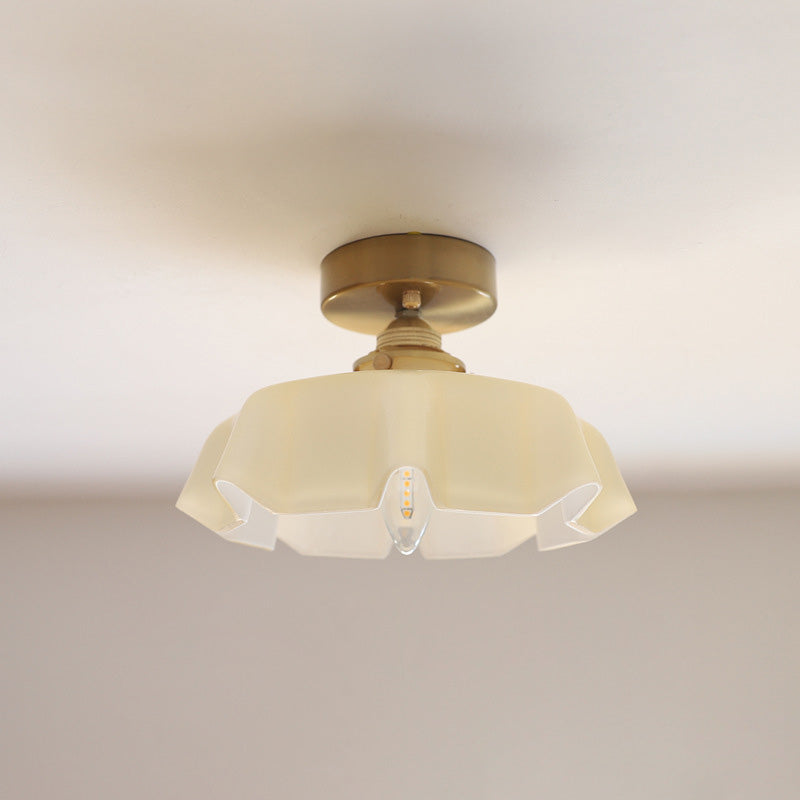 Elegant Traditional French-Style Brass Glass Iron Round 1-Light Semi-Flush Mount Hallway Ceiling Light