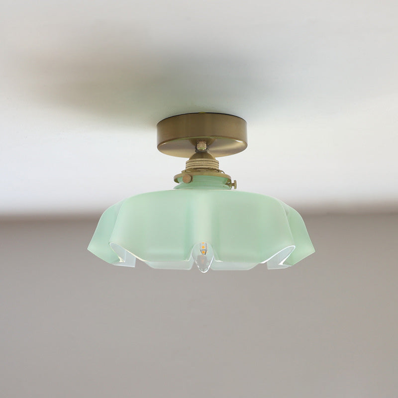 Elegant Traditional French-Style Brass Glass Iron Round 1-Light Semi-Flush Mount Hallway Ceiling Light