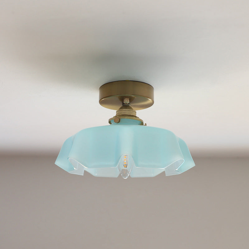 Elegant Traditional French-Style Brass Glass Iron Round 1-Light Semi-Flush Mount Hallway Ceiling Light