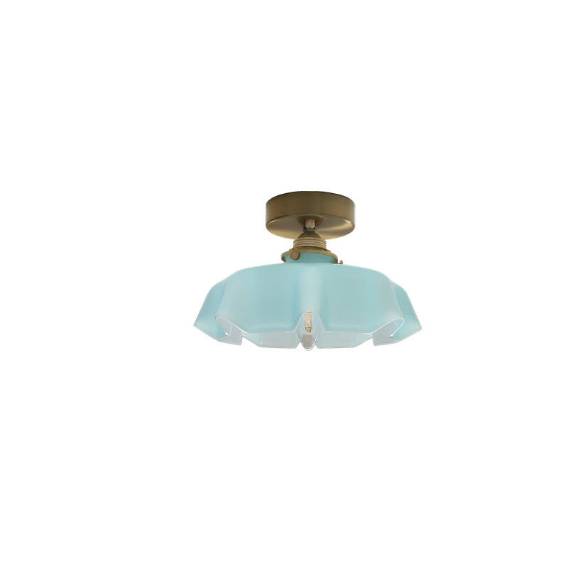 Elegant Traditional French-Style Brass Glass Iron Round 1-Light Semi-Flush Mount Hallway Ceiling Light