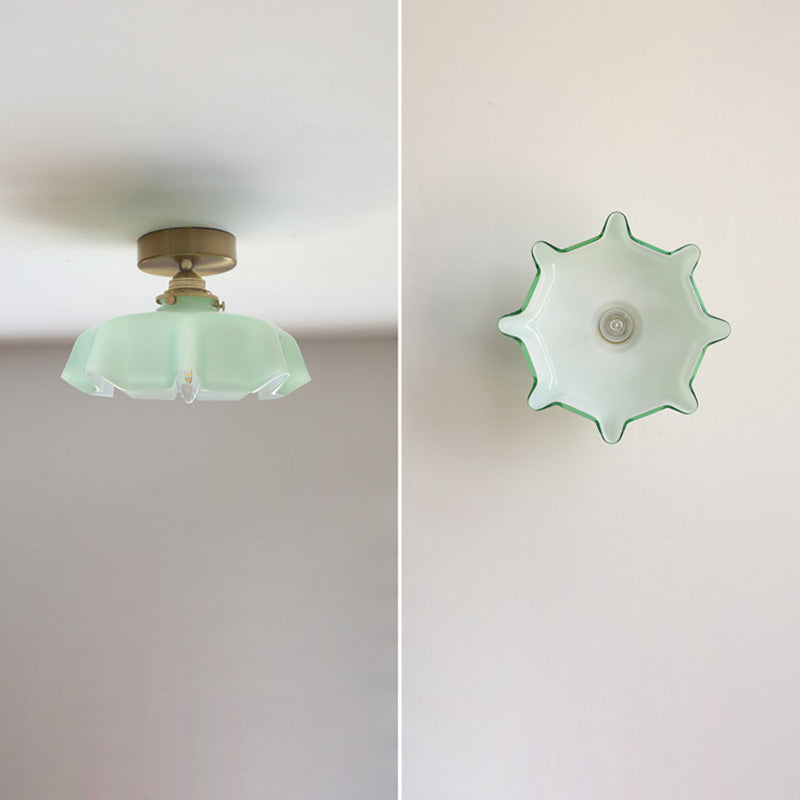 Elegant Traditional French-Style Brass Glass Iron Round 1-Light Semi-Flush Mount Hallway Ceiling Light