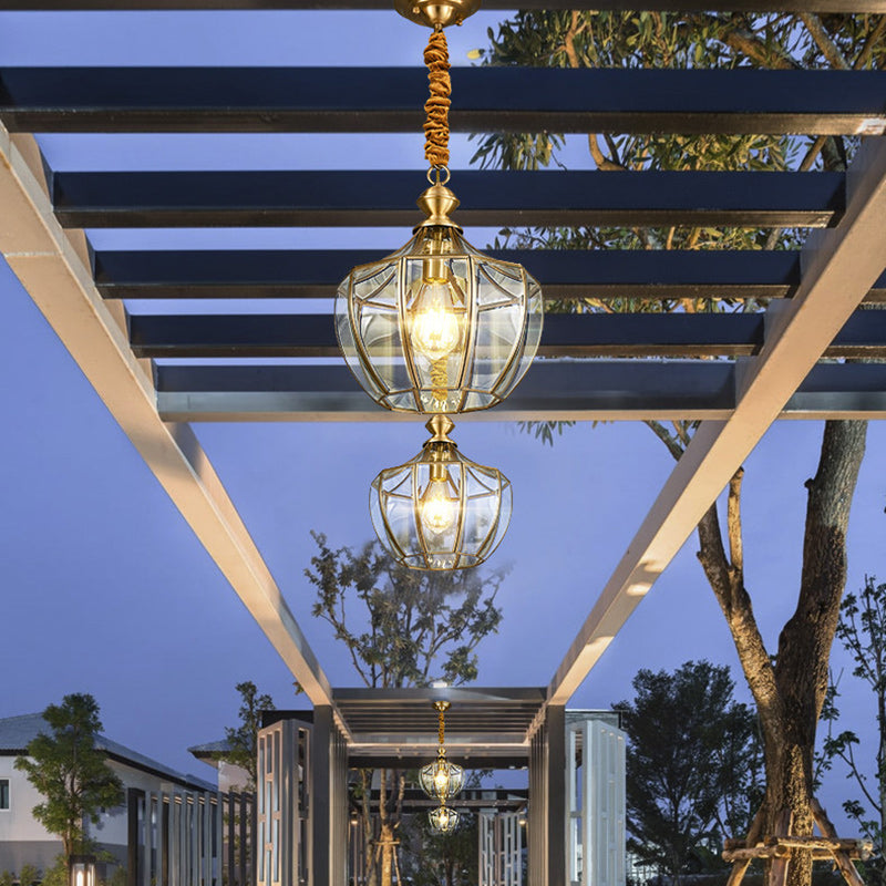 Modern Mid-Century Waterproof Copper Glass Cage Chandelier – Rhombic Cylinder, 1/3/4-Light Options for Outdoor Patio