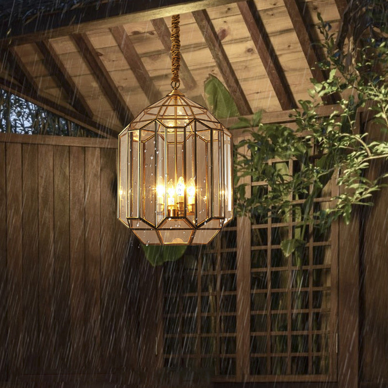 Modern Mid-Century Waterproof Copper Glass Cage Chandelier – Rhombic Cylinder, 1/3/4-Light Options for Outdoor Patio