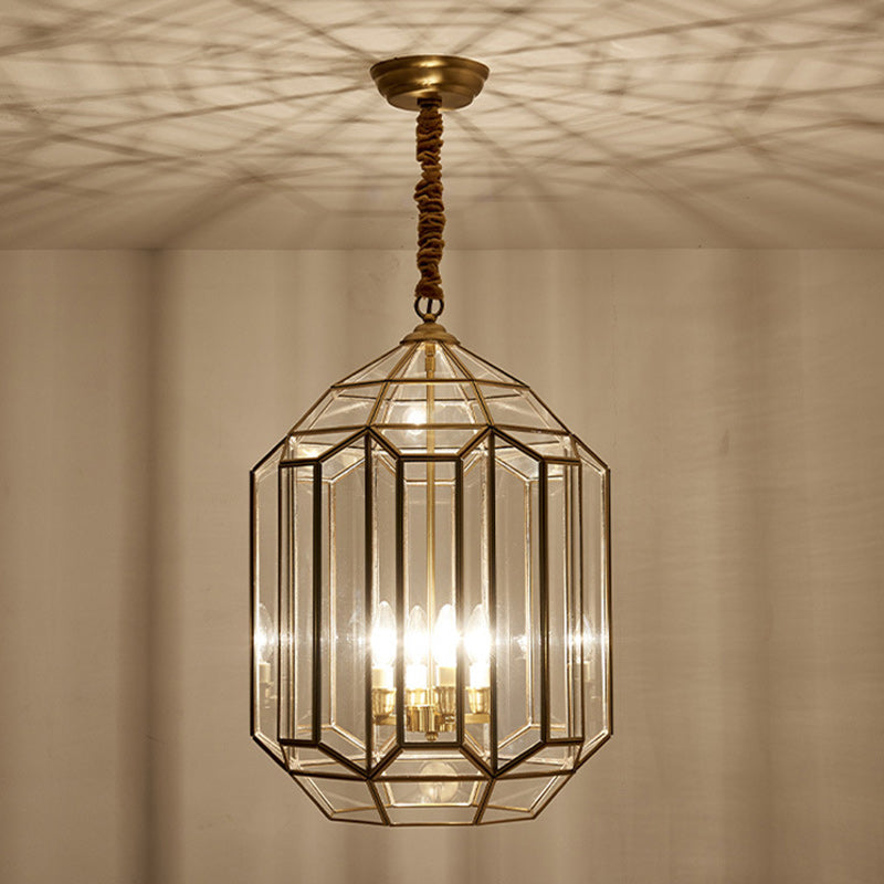 Modern Mid-Century Waterproof Copper Glass Cage Chandelier – Rhombic Cylinder, 1/3/4-Light Options for Outdoor Patio