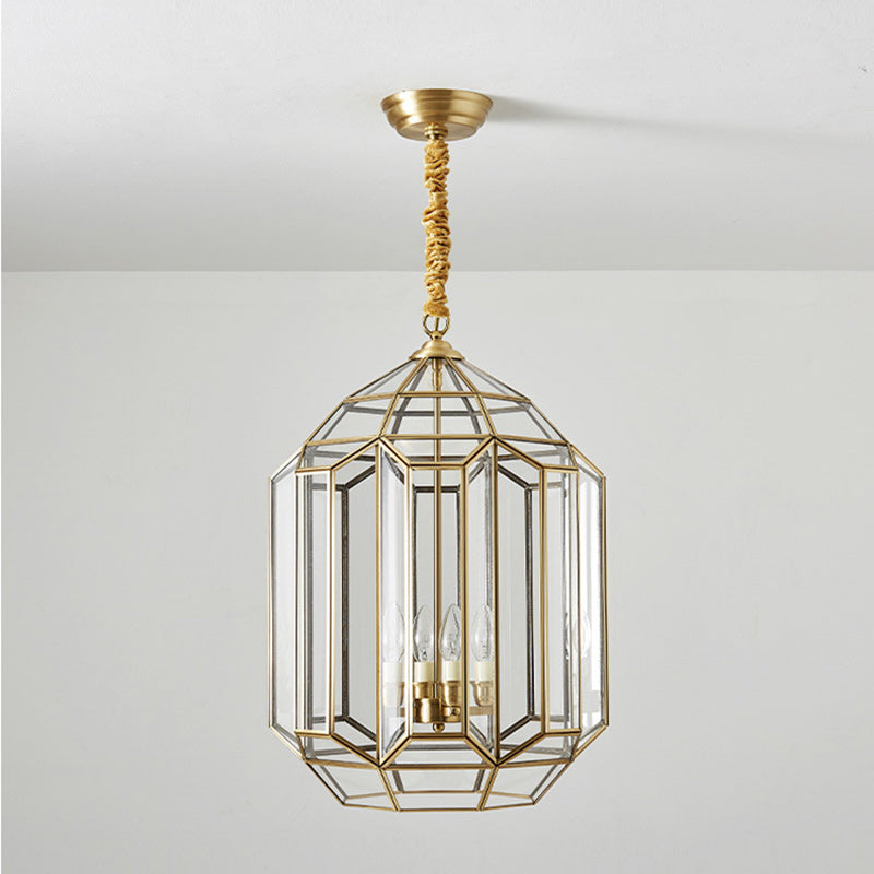 Modern Mid-Century Waterproof Copper Glass Cage Chandelier – Rhombic Cylinder, 1/3/4-Light Options for Outdoor Patio