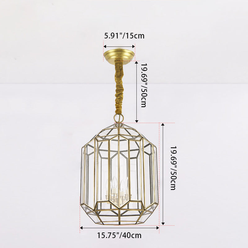Modern Mid-Century Waterproof Copper Glass Cage Chandelier – Rhombic Cylinder, 1/3/4-Light Options for Outdoor Patio