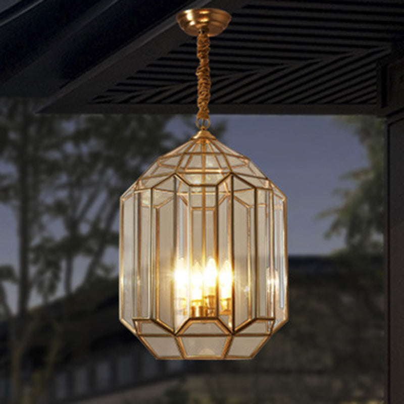 Modern Mid-Century Waterproof Copper Glass Cage Chandelier – Rhombic Cylinder, 1/3/4-Light Options for Outdoor Patio