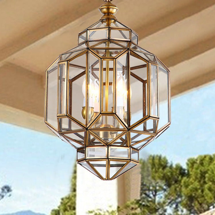 Modern Mid-Century Waterproof Copper Glass Cage Chandelier – Rhombic Cylinder, 1/3/4-Light Options for Outdoor Patio