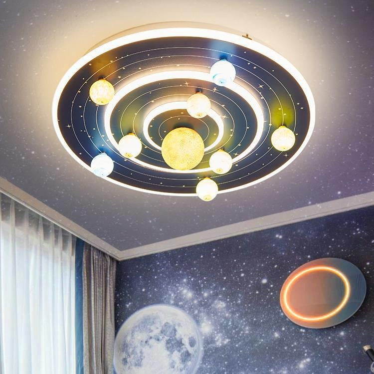 Round Space Planet LED Ceiling Light for Kids – Modern Iron Flush-Mount Fixture for Bedroom