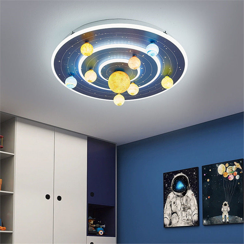 Round Space Planet LED Ceiling Light for Kids – Modern Iron Flush-Mount Fixture for Bedroom