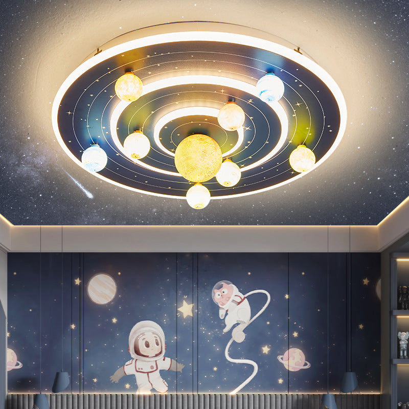 Round Space Planet LED Ceiling Light for Kids – Modern Iron Flush-Mount Fixture for Bedroom